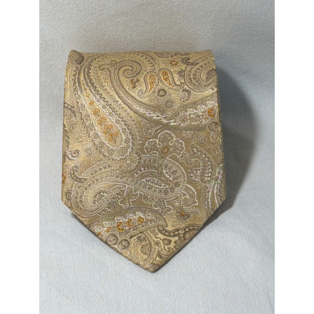 Paul Dione Mens Gold Paisley 100% Silk Necktie Classic Formal Wedding Tie 4 Inch